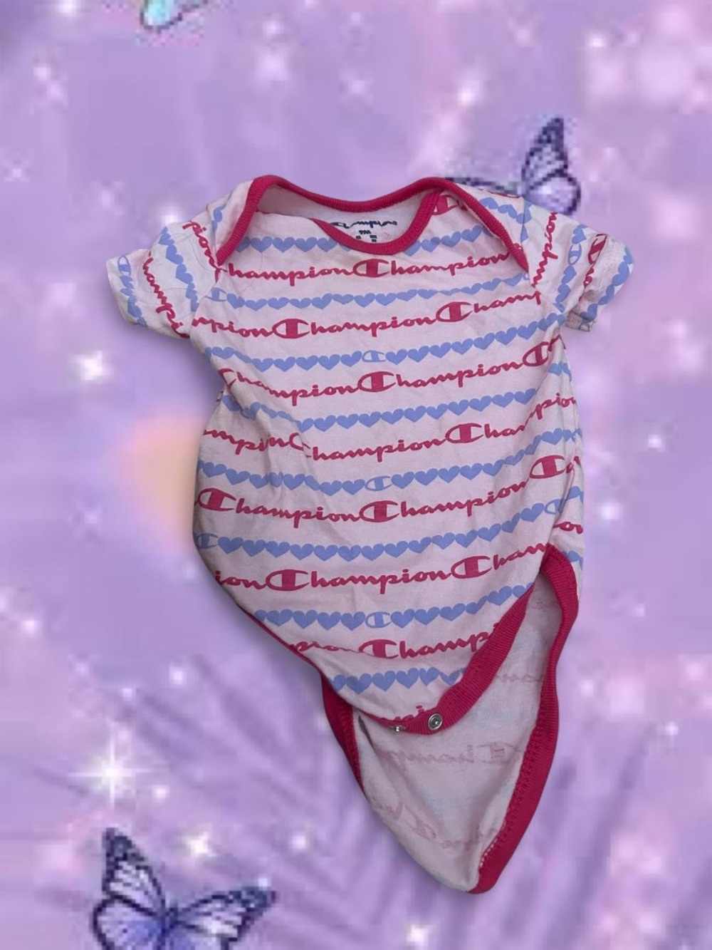 Champion White Baby Onesie with Pink and Light Blue Trim